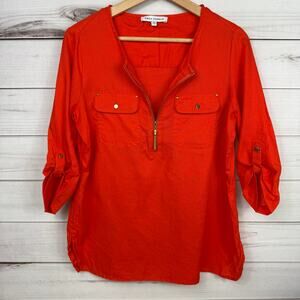 Emily Daniels Linen Blend Top Women‎ Petite M Red 3/4 Sleeve Zipper Blouse Shirt